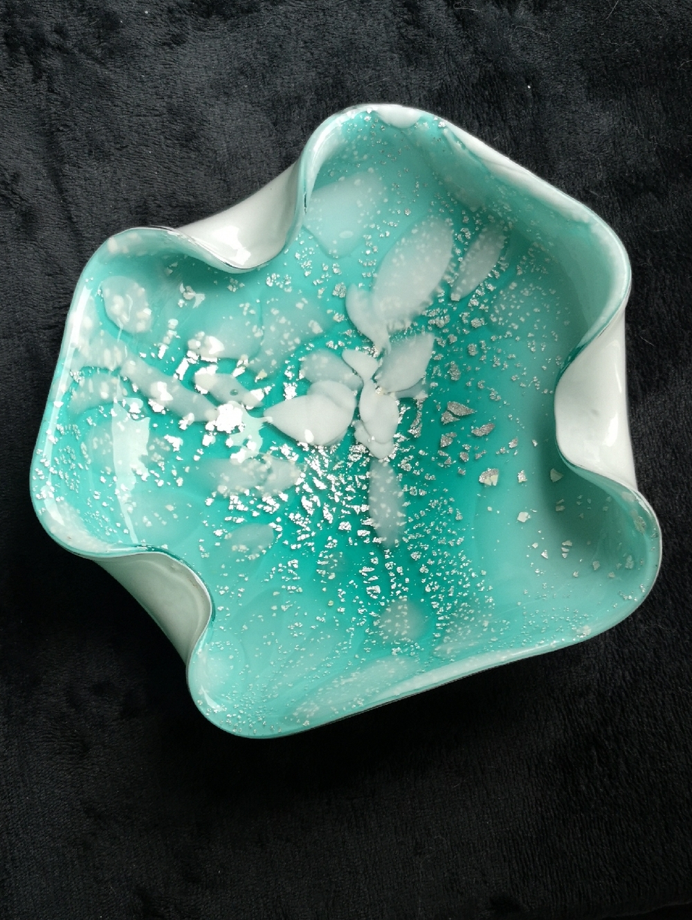 Stunning Murano Display Bowl Teal Aqua Blue With Silver Aventurine & White Cased